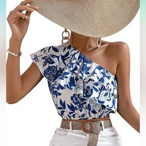 One shoulder Sleeveless Top Boho Floral Print
